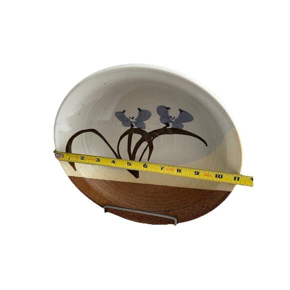 11 1/4” Stoneware Bowl Signed (Gary) Shaffer Blue Flowers Brown Yellow Dish - Picture 3 of 12